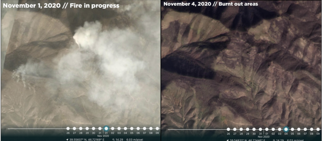 Satellite imagery confirms devastation in Armenian controlled Nagorno-Karabakh as a result of white phosphorus incendiary attacks by Azerbaijan